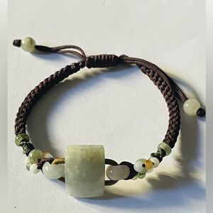 NWOT Bracelet Artisan Jade beads, macrame woven cords green, brown, peach adj